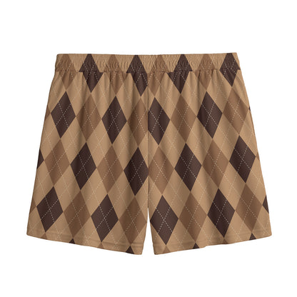 Brown Argyle Pattern Print Mesh Shorts