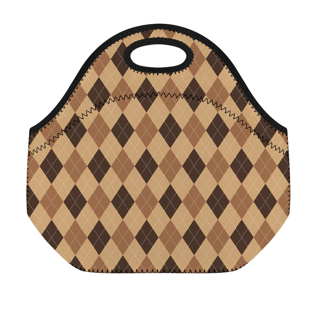 Brown Argyle Pattern Print Neoprene Lunch Bag