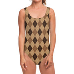 Brown Argyle Pattern Print One Piece Swimsuit