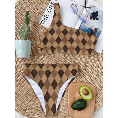 Brown Argyle Pattern Print One Shoulder Bikini Top