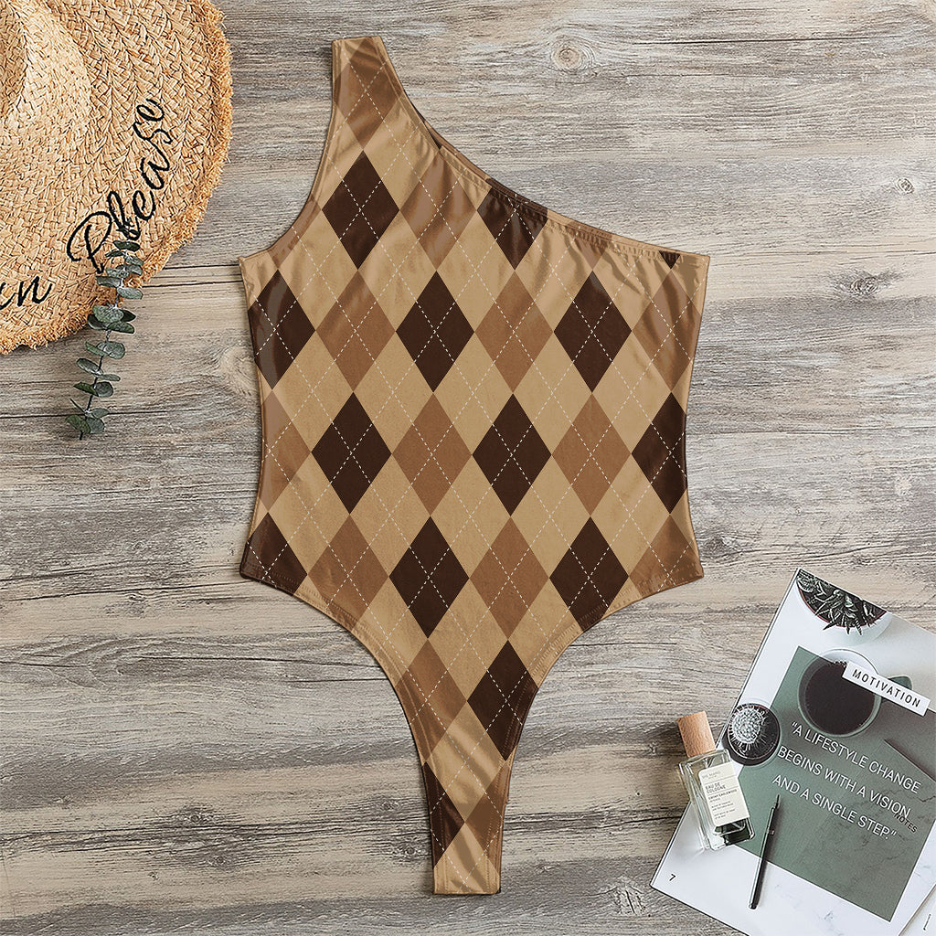 Brown Argyle Pattern Print One Shoulder Bodysuit