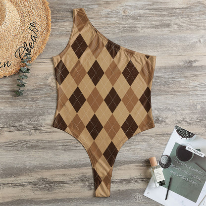 Brown Argyle Pattern Print One Shoulder Bodysuit