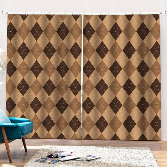 Brown Argyle Pattern Print Pencil Pleat Curtains