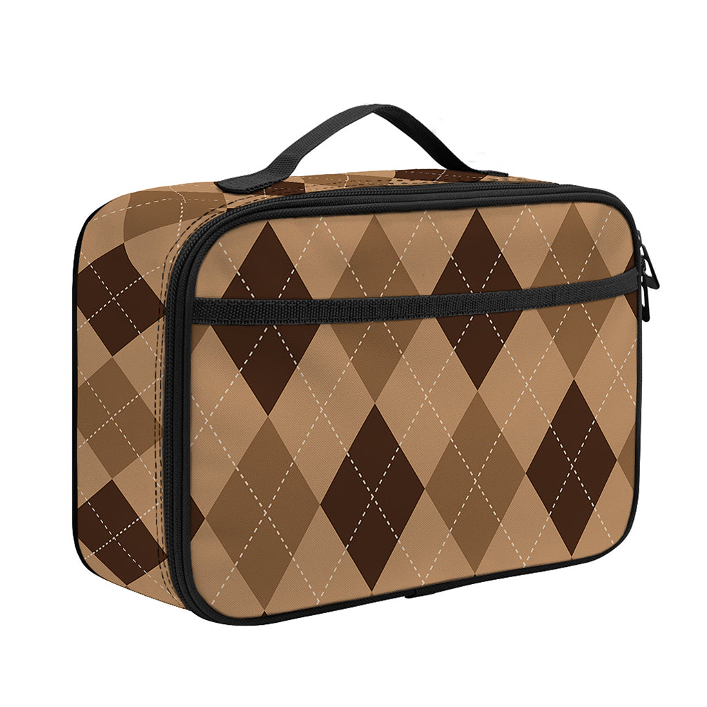 Brown Argyle Pattern Print Portable Lunch Bag