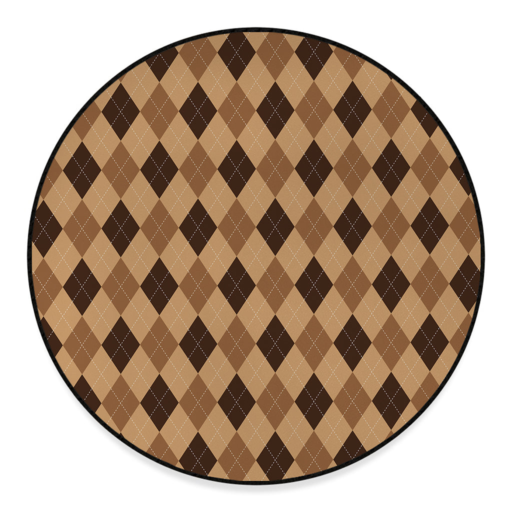 Brown Argyle Pattern Print Round Floor Mat