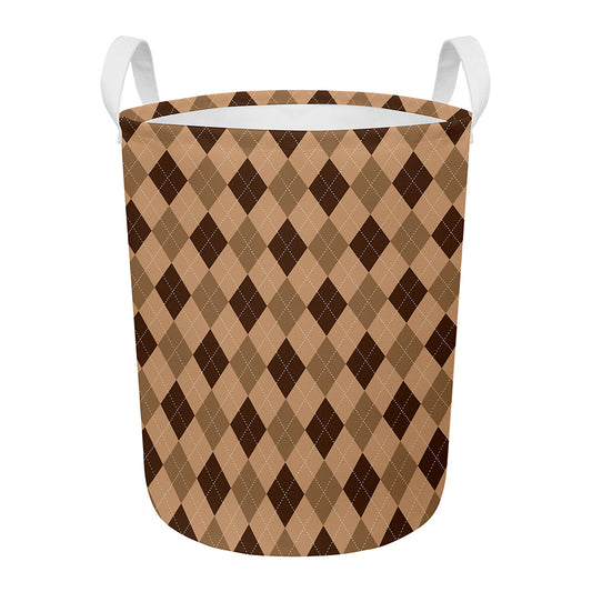 Brown Argyle Pattern Print Round Laundry Basket