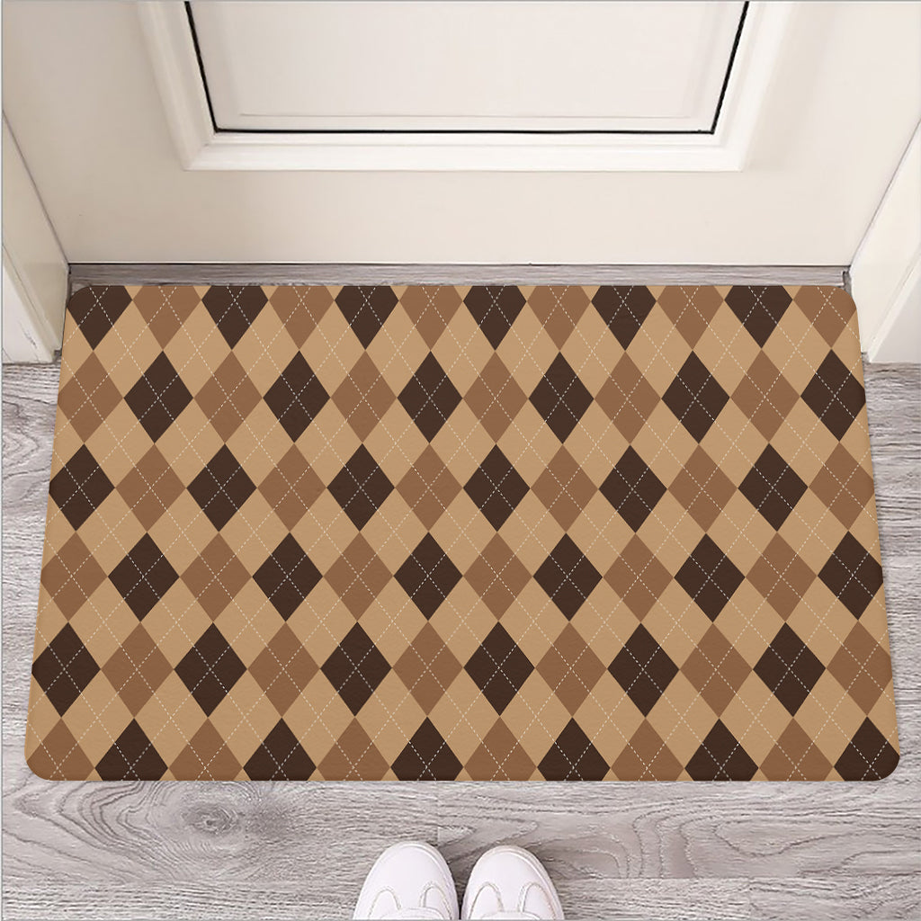 Brown Argyle Pattern Print Rubber Doormat
