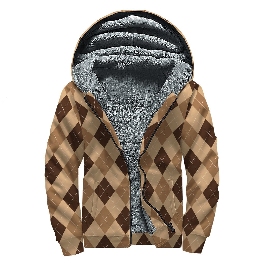 Brown Argyle Pattern Print Sherpa Lined Zip Up Hoodie