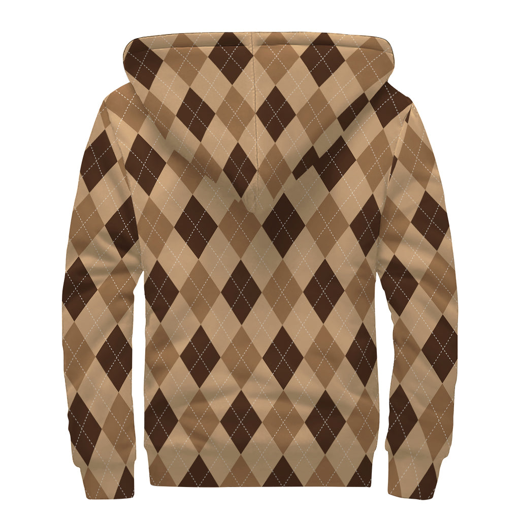 Brown Argyle Pattern Print Sherpa Lined Zip Up Hoodie
