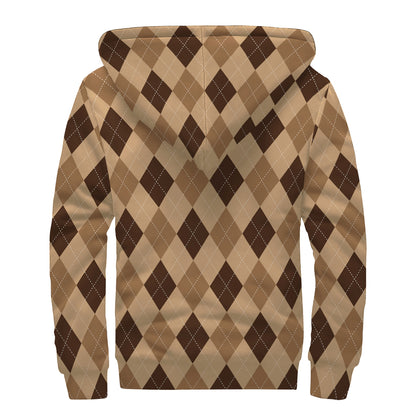 Brown Argyle Pattern Print Sherpa Lined Zip Up Hoodie