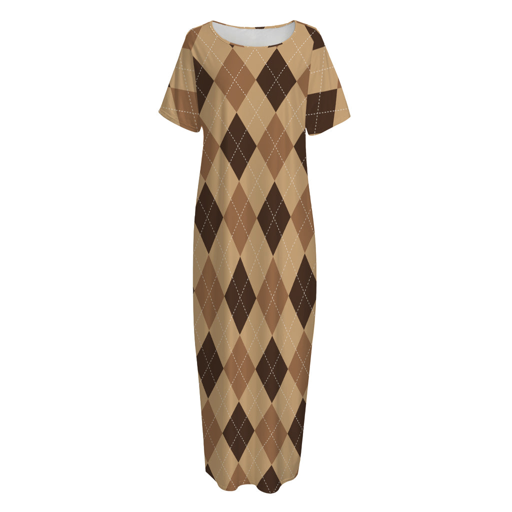 Brown Argyle Pattern Print Short Sleeve Long Nightdress