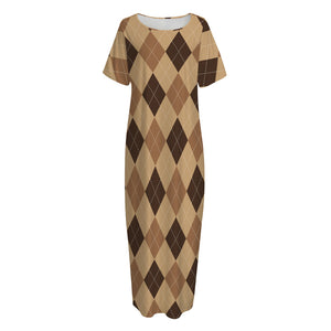 Brown Argyle Pattern Print Short Sleeve Long Nightdress