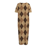 Brown Argyle Pattern Print Short Sleeve Long Nightdress