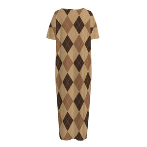 Brown Argyle Pattern Print Short Sleeve Long Nightdress