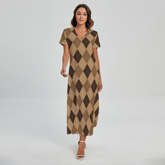 Brown Argyle Pattern Print Short Sleeve Maxi Dress