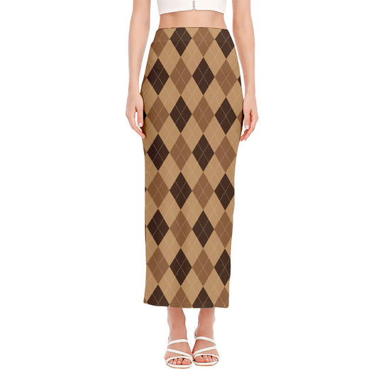 Brown Argyle Pattern Print Side Slit Maxi Skirt