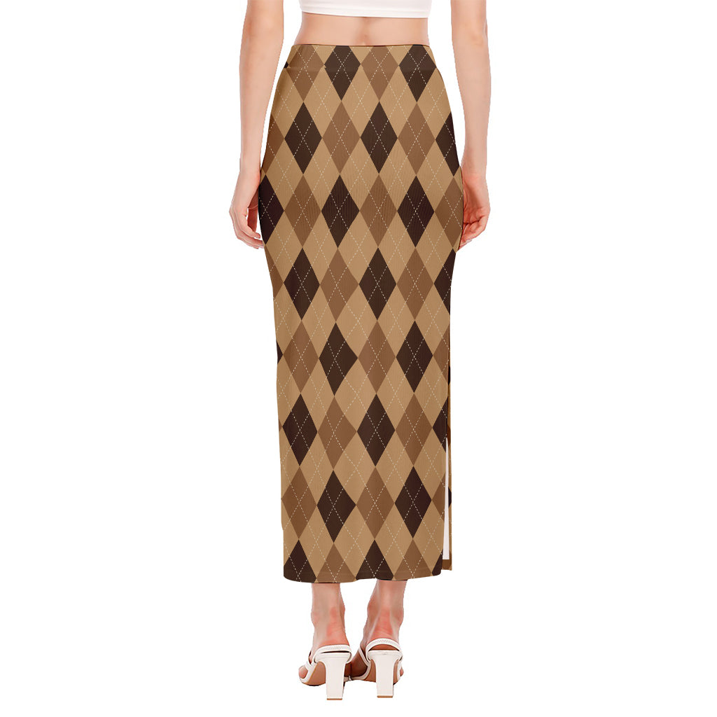 Brown Argyle Pattern Print Side Slit Maxi Skirt