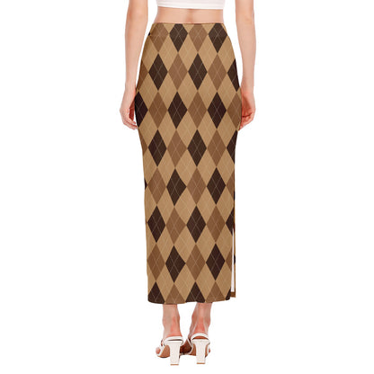 Brown Argyle Pattern Print Side Slit Maxi Skirt