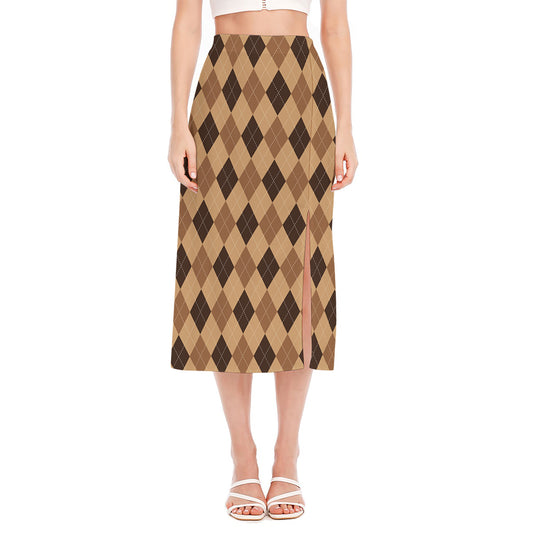 Brown Argyle Pattern Print Side Slit Midi Skirt
