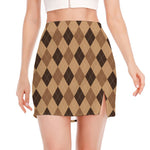 Brown Argyle Pattern Print Side Slit Mini Skirt