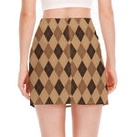 Brown Argyle Pattern Print Side Slit Mini Skirt