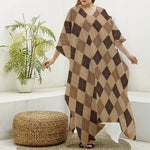 Brown Argyle Pattern Print Silk V-Neck Kaftan Dress