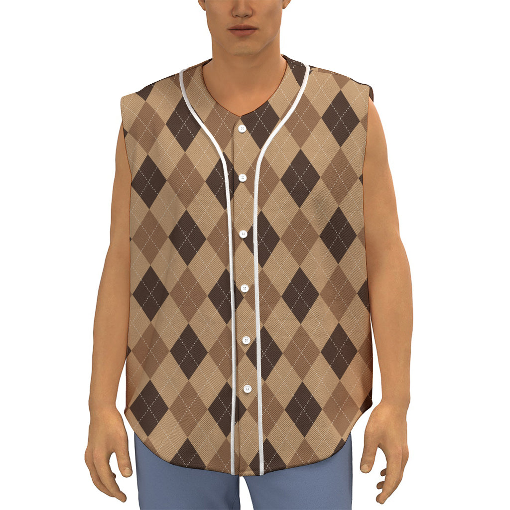 Brown Argyle Pattern Print Sleeveless Baseball Jersey