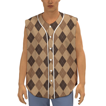 Brown Argyle Pattern Print Sleeveless Baseball Jersey