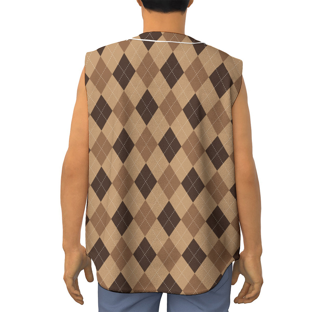 Brown Argyle Pattern Print Sleeveless Baseball Jersey