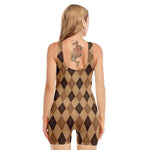 Brown Argyle Pattern Print Sleeveless One Piece Swimsuit