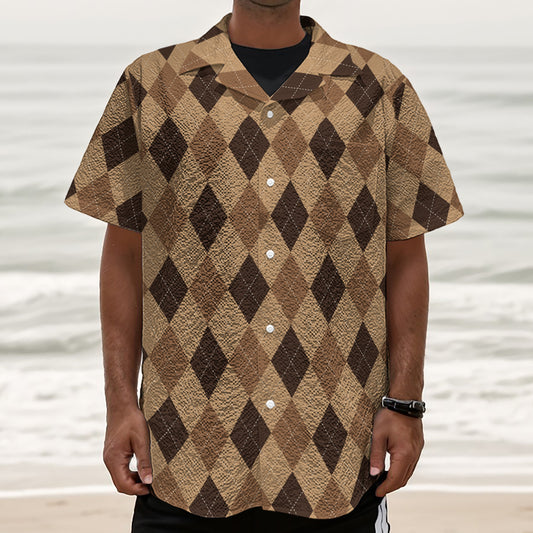 Brown Argyle Pattern Print Textured Short Sleeve Shirt
