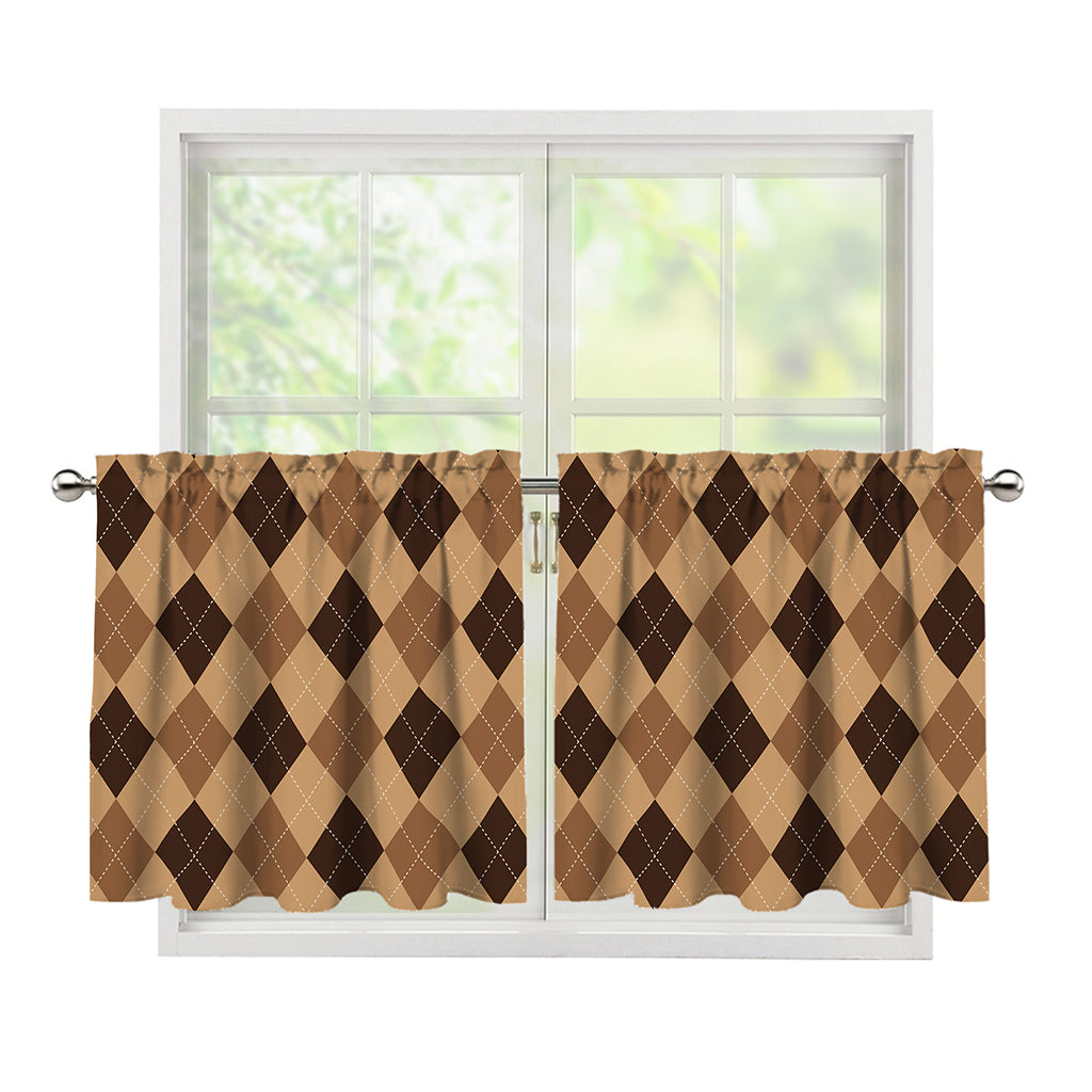 Brown Argyle Pattern Print Tier Curtains