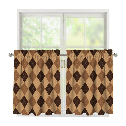 Brown Argyle Pattern Print Tier Curtains
