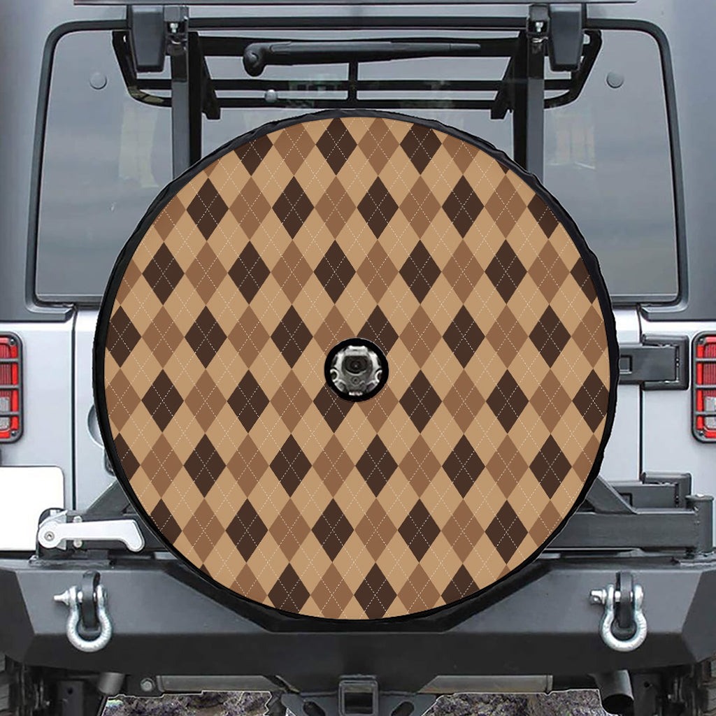 Brown Argyle Pattern Print Tire Cover With Camera Hole