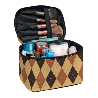 Brown Argyle Pattern Print Travel Makeup Bag