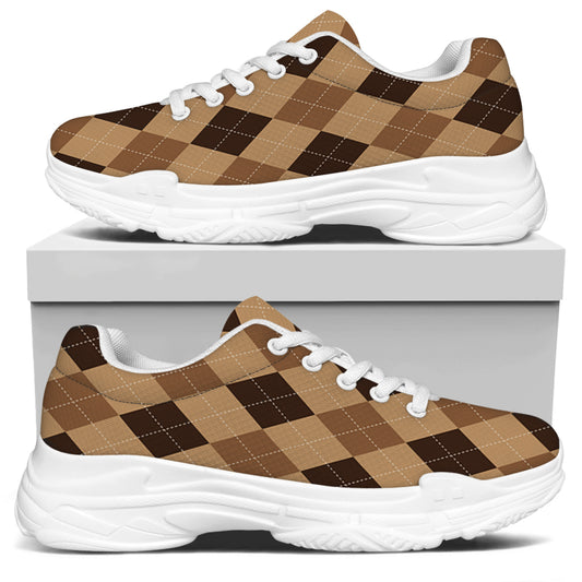 Brown Argyle Pattern Print White Chunky Shoes