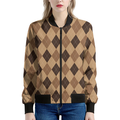 Brown Argyle Pattern Print Women's Bomber Jacket
