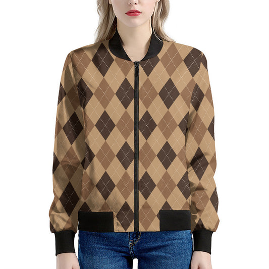 Brown Argyle Pattern Print Women's Bomber Jacket