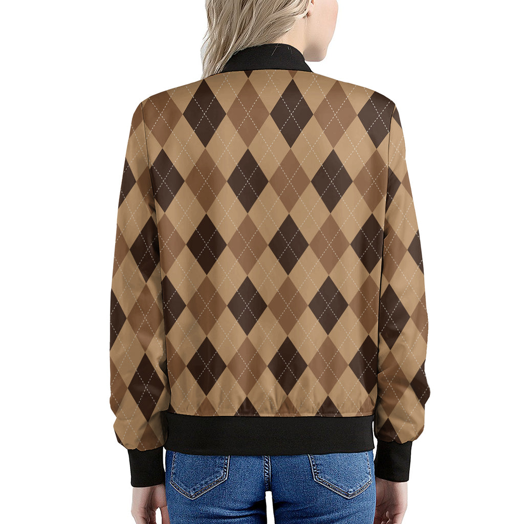 Brown Argyle Pattern Print Women's Bomber Jacket