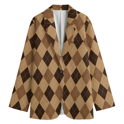 Brown Argyle Pattern Print Women's Cotton Blazer