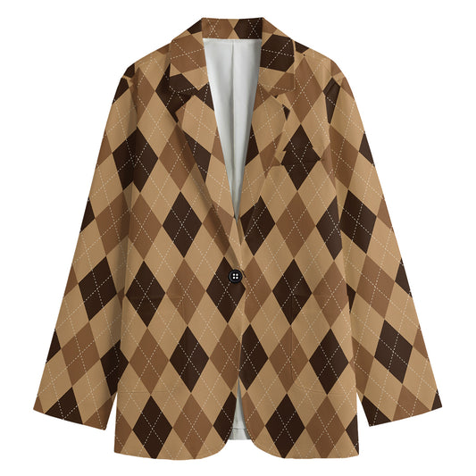 Brown Argyle Pattern Print Women's Cotton Blazer