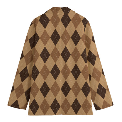 Brown Argyle Pattern Print Women's Cotton Blazer