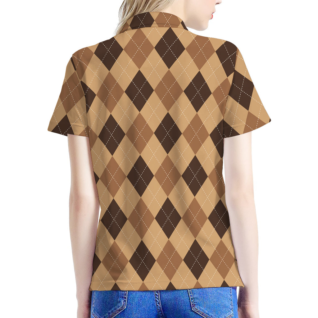 Brown Argyle Pattern Print Women's Polo Shirt