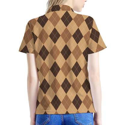 Brown Argyle Pattern Print Women's Polo Shirt