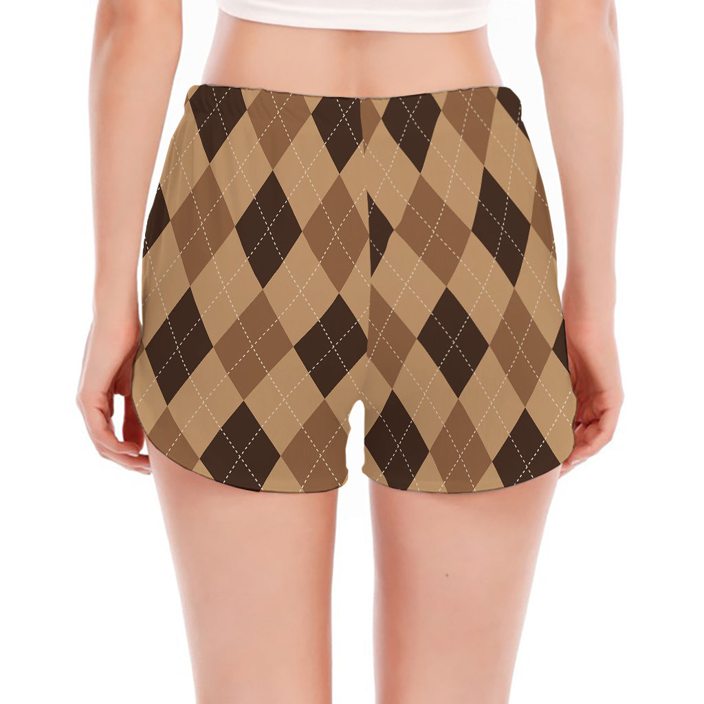 Brown Argyle Pattern Print Women's Split Running Shorts