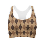 Brown Argyle Pattern Print Women's Sports Bra