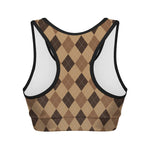 Brown Argyle Pattern Print Women's Sports Bra