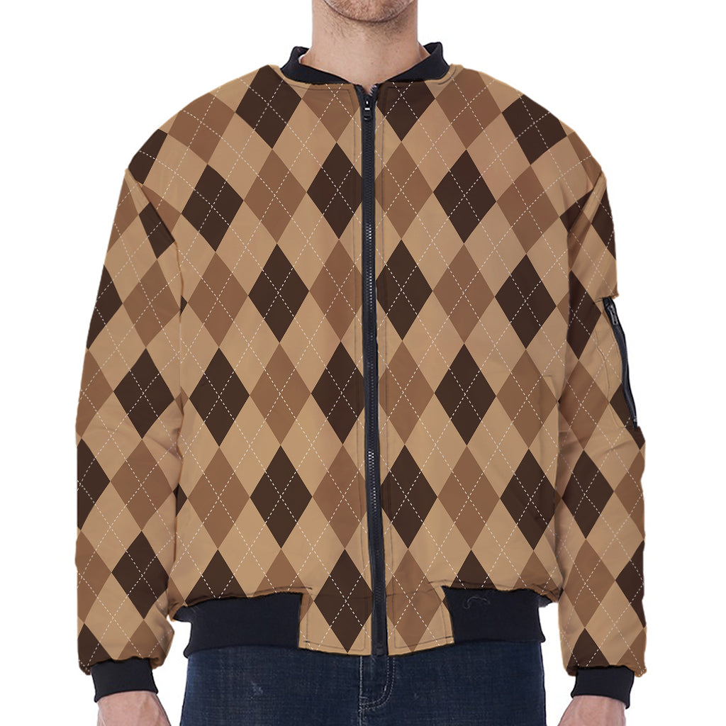 Brown Argyle Pattern Print Zip Sleeve Bomber Jacket