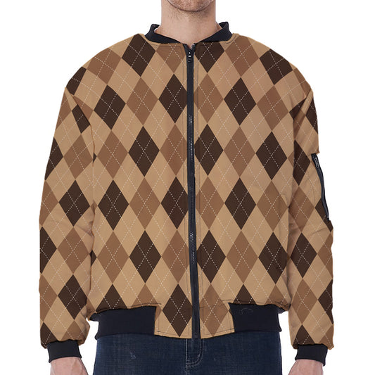 Brown Argyle Pattern Print Zip Sleeve Bomber Jacket