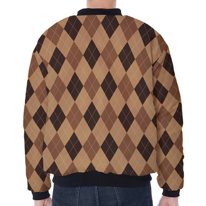 Brown Argyle Pattern Print Zip Sleeve Bomber Jacket